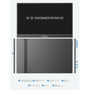 ARZOPA 2.5K Portabeler Monitor, 16 Zoll 2560x1600 HDR 10bit QHD USB-C HDMI Laptop Monitor, 16:10 IPS Augenschutz Externer Zweitbildschirm für Mac PC Phone PS4/5 Xbox Switch (Z1RC)