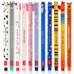 LEGAMI - Set mit 11 löschbaren Gelstiften mit 0,7 mm Spitze, verschiedene Tintenfarben und Tierdesigns - Bauernhof, Tiger, Schmetterling, Hai usw