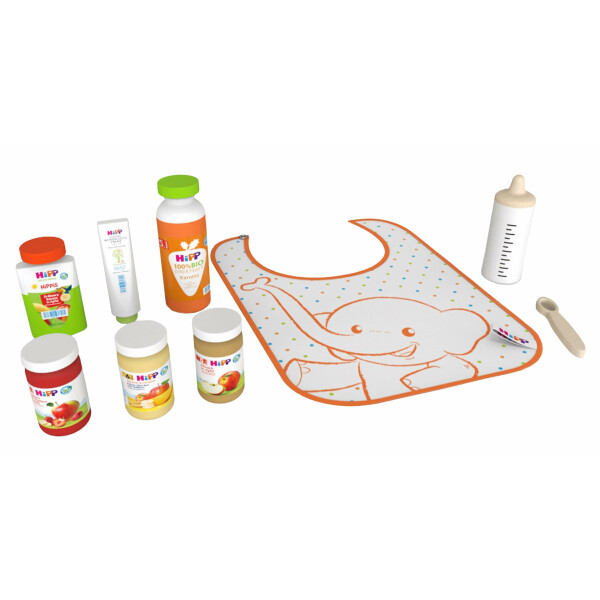 tanner DER KLEINE KAUFMANN TANNER Deco - HIPP Baby Set aus Holz, mit verschiedenen Produkten, Zubehör für Kaufmannsladen, lebensmittelechtes Design, 0999.6