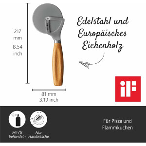 Boska Pizzaschneider Oslo+ / Non-stick BSF / Schneidet ohne Wackler/Sehr scharf/Stilvoll/Eichenholz & Edelstahl