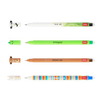 Legami - Set mit 4 Gel-Radierstiften, Motive Dino, Teddybär, Panda, Lama, Kugel am Ende zum Entfernen der Tinte, Schwarz, Blau, Grün, Rot, Temperaturempfindlich, Spitzendurchmesser 0,7 mm