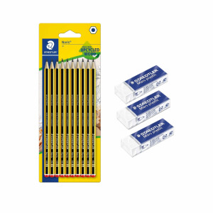 STAEDTLER Noris 120 HB Bleistift Set | 10er Blister + 3 Radierer | Made from Upcycled Wood | rutschfeste Soft-Oberfläche | hohe Bruchfestigkeit | hohe Qualität