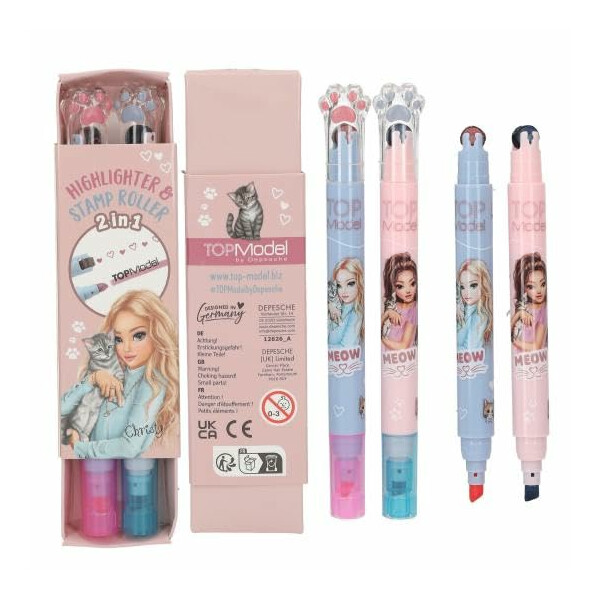 Depesche TOPModel Textmarker & Stempelroller Set | 2-in-1 Highlighter mit Motivstempel | doppelseitig mit Neonmarker | kreatives Schreibzubehör für Schule & Tagebuch