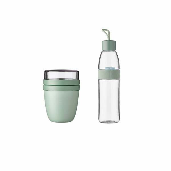 Mepal - Lunch set Ellipse - Müslibecher und Trinkflasche - Joghurtbecher to go - Unterteilung für Joghurt & Müsli - Wiederbefüllbare Trinkflasche - 1.2 ml - Nordic sage