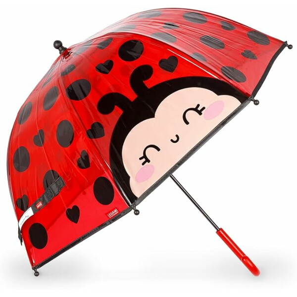 Legami - Regenschirm für Kinder, Dancin in The Rain, Thema Ladybug, winddichtes Gestell, manuelles Öffnen, Stoffverschluss mit Namensfeld, Hakengriff, 73 x 65 cm