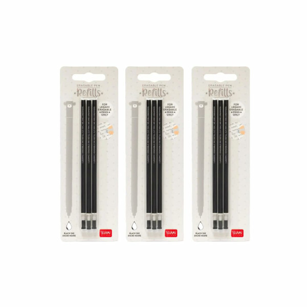 Legami - Gelschreibermine radierbar, Set 9 Stück, Höhe 13 cm, Thermosensible Tinte, Schwarz, Spitze 0,7 mm (3er Set Schwarz)