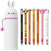 LEGAMI Set mit 7 radierbaren Gelstiften + 2-in-1-Federmäppchen - mit thermosensibler Löschtinte, Tintenfarben und Schaftdesigns, 0,7 mm Spitze, Set 2 (Hasen)