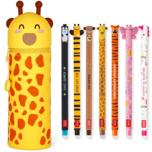 LEGAMI Set mit 7 radierbaren Gelstiften + 2-in-1-Federmäppchen - mit thermoempfindlicher Löschtinte, Tintenfarben und Schaftdesigns, 0,7 mm Spitze, Set 2 (Giraffe)