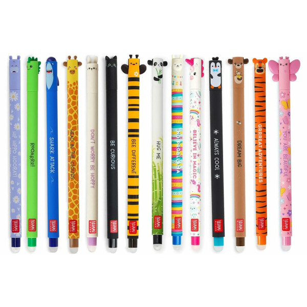 LEGAMI - 14er Set Gel-Radierstifte, Erasable Pen, Stifte mit radierbarer Tinte, Gelschreiber Radierbar ohne Blatt zu verbrauchen, 0,7 mm Spitze, verschiedene Tintenfarben und Tiermotive
