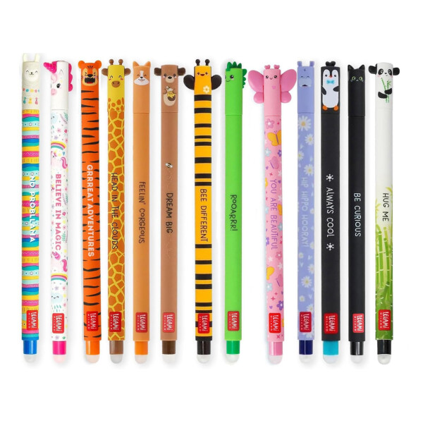 LEGAMI Set mit 13 radierbaren Gelstiften Gelschreiber verschiedene Tintenfarben Lama, Einhorn, Tiger, Giraffe, Corgi, Teddy, Biene, Dino, Schmetterling, Hippo, Pinguin, Panda und Kitty