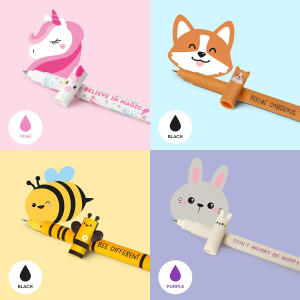 LEGAMI Set mit 13 radierbaren Gelstiften Gelschreiber verschiedene Tintenfarben Lama, Einhorn, Tiger, Giraffe, Corgi, Teddy, Biene, Dino, Schmetterling, Hippo, Pinguin, Panda und Kitty