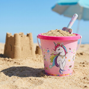 NEUSTANLO | Einhorn Eimer 23 cm | Unicorn Sandeimer mit Henkel | Stabiler Spieleimer für Strand Sandkasten & Garten | buntes Design