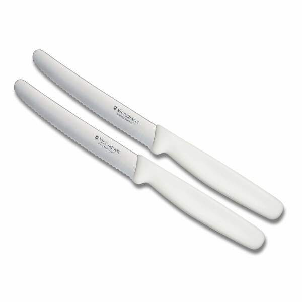 Victorinox Küchenmesser-Set 2 Stück Weiß | 11 cm Klingenlänge | extra scharfer Wellenschliff | Tafelmesser & Küchenmesser | ergonomischer Griff | ideal für Brot Tomaten Obst Gemüse