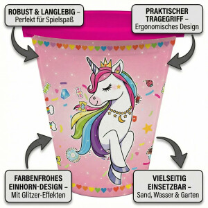 NEUSTANLO | Einhorn Eimer 23 cm | Unicorn Sandeimer mit Henkel | Stabiler Spieleimer für Strand Sandkasten & Garten | buntes Design