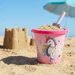NEUSTANLO | Einhorn Eimer 23 cm | Unicorn Sandeimer mit Henkel | Stabiler Spieleimer für Strand Sandkasten & Garten | buntes Design