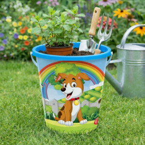 NEUSTANLO | Hund Eimer 17cm | Sandeimer mit Henkel | Stabiler Spieleimer für Strand Sandkasten & Garten | buntes Design
