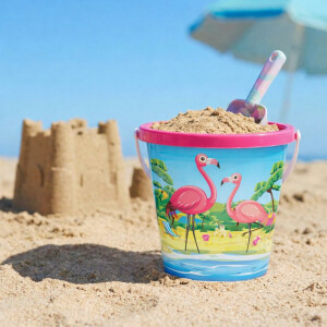 NEUSTANLO | Flamingo Eimer 17cm | Sandeimer mit Henkel | Stabiler Spieleimer für Strand Sandkasten & Garten | buntes Design