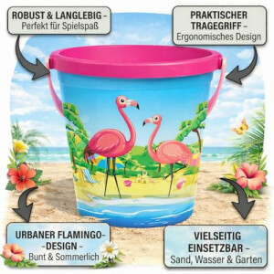 NEUSTANLO | Flamingo Eimer 17cm | Sandeimer mit Henkel | Stabiler Spieleimer für Strand Sandkasten & Garten | buntes Design