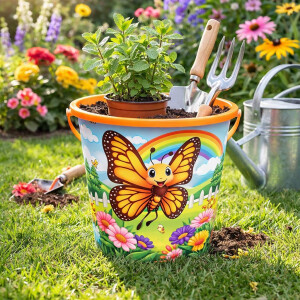 NEUSTANLO | Schmetterling & Marienkäfer 21 cm | Sandeimer mit Henkel | Stabiler Spieleimer für Strand Sandkasten & Garten | buntes Design