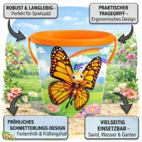 NEUSTANLO | Schmetterling & Marienkäfer 21 cm | Sandeimer mit Henkel | Stabiler Spieleimer für Strand Sandkasten & Garten | buntes Design