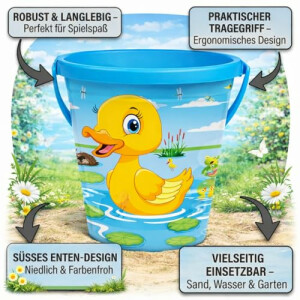 NEUSTANLO | Enten Eimer 23 cm | Sandeimer mit Henkel | Stabiler Spieleimer für Strand Sandkasten & Garten | buntes Design