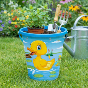 NEUSTANLO | Enten Eimer 23 cm | Sandeimer mit Henkel | Stabiler Spieleimer für Strand Sandkasten & Garten | buntes Design