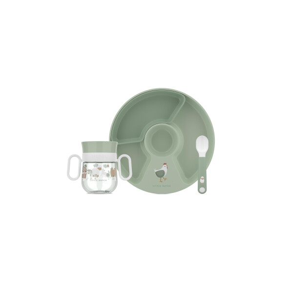Mepal - Babygeschirr Set Mio Little Dutch - Inklusive auslaufsicherem Trinklernbecher, Kinderteller mit Unterteilung & Lernlöffel - Spülmaschinengeeignet & BPA frei - 3-teilig Set - Little Farm