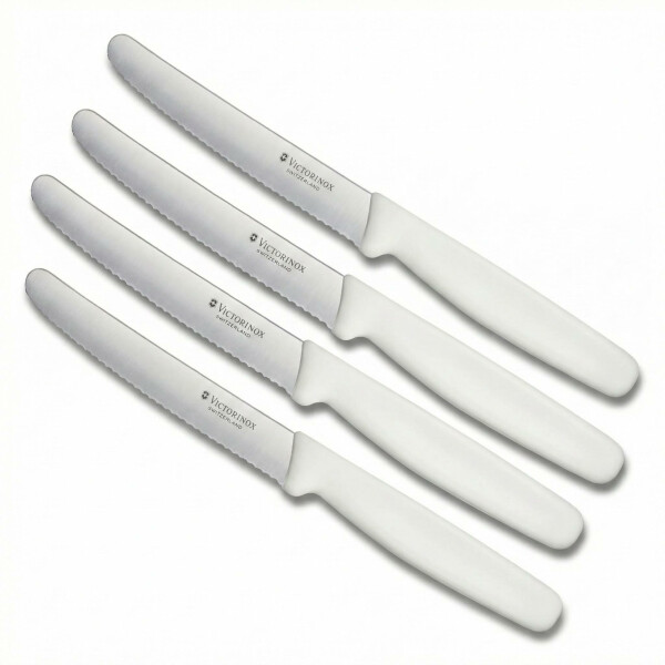 Victorinox Küchenmesser-Set 4 Stück Weiß | 11 cm Klingenlänge | extra scharfer Wellenschliff | Tafelmesser & Küchenmesser | ergonomischer Griff | ideal für Brot Tomaten Obst Gemüse