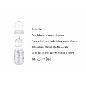 Mepal - Babyflasche Mio Little Dutch - Transparente Kappe zur Aufbewahrung - Anti-Kolik Babyflaschen - Spiralförmiges Design verhindert Verstopfungen - Medizinisches Silikon - 165 ml - Fairy Garden
