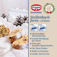 Dr. Oetker Christstollen Backform Stollenbackform White Christmas Baking Stollenform mit Antihaftbeschichtung und winterlichem Design ca. 31 x 15 x 7 cm & 1550 ml
