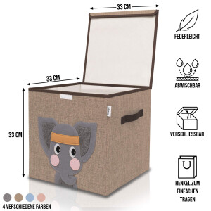 LIFENEY Aufbewahrungsbox mit Deckel und Elefant I Spielzeugbox mit Tiermotiv passend für Würfelregale I Ordnungsbox für das Kinderzimmer I Aufbewahrungskorb Kinder
