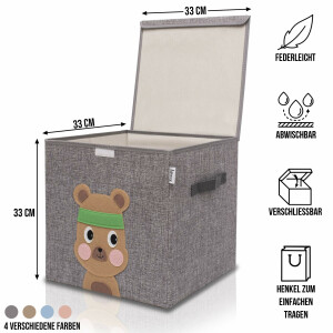 LIFENEY Aufbewahrungsbox mit Deckel und Bär I Spielzeugbox mit Tiermotiv passend für Würfelregale I Ordnungsbox für das Kinderzimmer I Aufbewahrungskorb Kinder