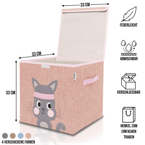 LIFENEY Aufbewahrungsbox mit Deckel und Katze I Spielzeugbox mit Tiermotiv passend für Würfelregale I Ordnungsbox für das Kinderzimmer I Aufbewahrungskorb Kinder