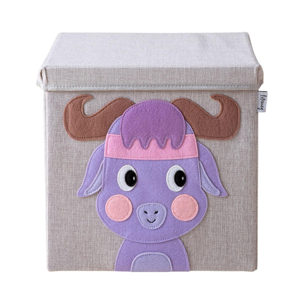 LIFENEY Aufbewahrungsbox mit Deckel und Büffel I Spielzeugbox mit Tiermotiv passend für Würfelregale I Ordnungsbox für das Kinderzimmer I Aufbewahrungskorb Kinder