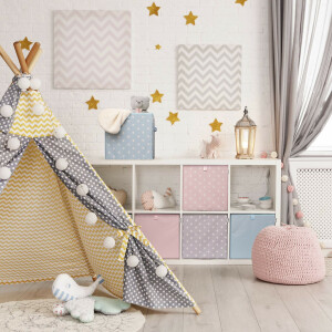 LIFENEY Aufbewahrungsbox mit Sternenmotiv in Hellblau, Spielzeugbox mit Sternen passend für Würfelregale, Ordnungsbox für das Kinderzimmer, Aufbewahrungskorb als Accessoire für Zuhause | 33x33x33 cm
