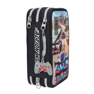 Depesche 13712 Action World Gaming - Gefüllte 3-Fach Federtasche in Dunkelblau, mit Motiv eines Auto-Rennspiels und Skyline, Federmappe mit Buntstiften, Schere, Lineal UVM.