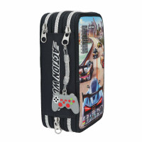 Depesche 13712 Action World Gaming - Gefüllte 3-Fach Federtasche in Dunkelblau, mit Motiv eines Auto-Rennspiels und Skyline, Federmappe mit Buntstiften, Schere, Lineal UVM.