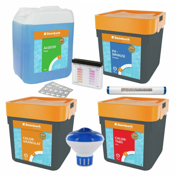 STEINBACH | Wasserpflege Set Classic XXL I Pool Chlor Starterset für Einsteiger I Mini-Multitabs, Kristallklar, Dosierschwimmer, Testkit, pH-Senker & Chlorgranulat | Pool-Zubehör-Set für Anfänger