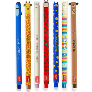 LEGAMI - Set aus 7 radierbaren Gelstiften mit wärmeempfindlicher Tinte, in verschiedenen Farben Marienkäfer, Lama, Bunny, Hai, Giraffe, Monster und Teddy 0,7 mm Spitze