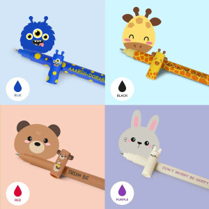 LEGAMI - Set aus 7 radierbaren Gelstiften mit wärmeempfindlicher Tinte, in verschiedenen Farben Marienkäfer, Lama, Bunny, Hai, Giraffe, Monster und Teddy 0,7 mm Spitze