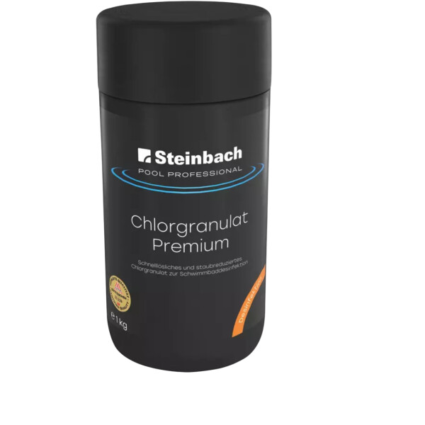 Steinbach Pool Professional Chlorgranulat Premium 1 kg | schnelllöslich & staubarm | pH-neutral | für Erstdosierung & Schockbehandlung | Pool Desinfektion gegen Algen, Viren & Trübung