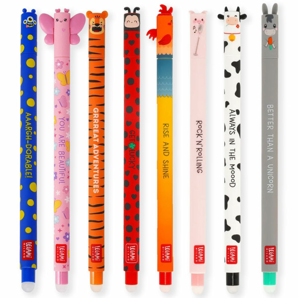 LEGAMI Set mit 8 radierbaren Gelstiften mit thermoempfindlicher Radiertinte, verschiedene Tintenfarben und Schaftdesigns, 0,7 mm Spitze, Marienkäfer, Monster, Tiger, Schmetterling und