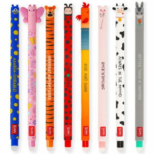 LEGAMI Set mit 8 radierbaren Gelstiften mit thermoempfindlicher Radiertinte, verschiedene Tintenfarben und Schaftdesigns, 0,7 mm Spitze, Marienkäfer, Monster, Tiger, Schmetterling und