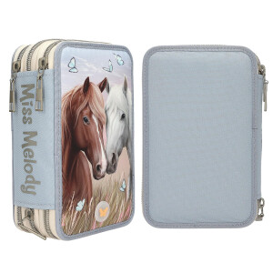 Depesche 13976 Miss Melody - Gefüllte 3-Fach Federtasche in Hellblau und Beige, mit Pferde Motiv, LED-Licht und Schmetterlingen, Federmappe mit Buntstiften, Schere, Lineal UVM.