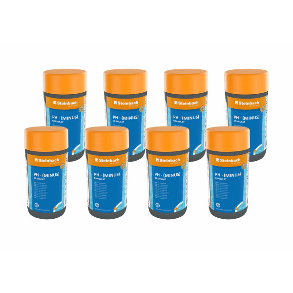 Steinbach Poolpflege pH-Minus Granulat - 0753001TV08-8X 1,5 kg - Zur pH-Wert-Senkung im Pool - Gut löslich & staubreduziert - Für bessere Wirksamkeit von Chlor & Desinfektionsmitteln