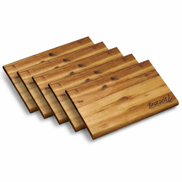 Neustanlo Frühstücksbrettchen XL 5er Set | Akazienholz Brotzeitbrett mit Einbrand | großes Schneidebrett & Servierbrett | robust & pflegeleicht | 32 x 21 cm