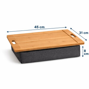 Neustanlo Knietablett Bambus mit Kissen | 45 x 31 cm | Höhe 8 cm | Betttablett mit Griffen & Saftrand | Laptoptisch Frühstückstablett Sofa | Braun Grau