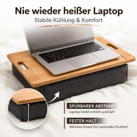 Neustanlo Knietablett Bambus mit Kissen | 45 x 31 cm | Höhe 8 cm | Betttablett mit Griffen & Saftrand | Laptoptisch Frühstückstablett Sofa | Braun Grau