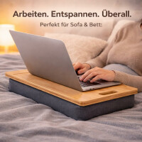 Neustanlo Knietablett Bambus mit Kissen | 45 x 31 cm | Höhe 8 cm | Betttablett mit Griffen & Saftrand | Laptoptisch Frühstückstablett Sofa | Braun Grau
