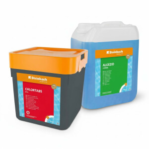 Steinbach Poolpflege Set | 5 kg Chlortabs 20 g schnelllöslich & 5 l Algezid flüssig | Desinfektion & Algenverhütung | pH-neutral rückstandsfrei & schaumfrei | für klares Poolwasser